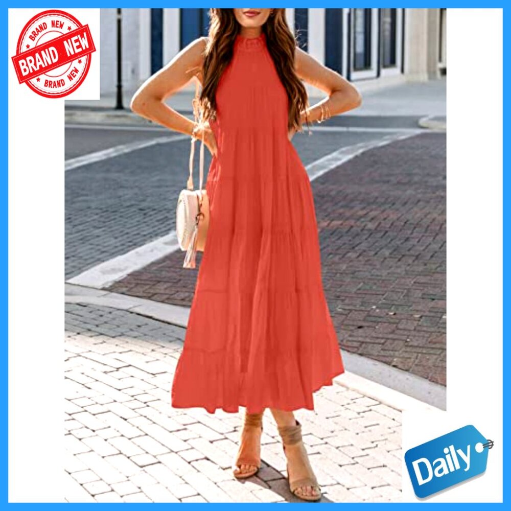 Sleeveless Halter Midi Maxi Dress Loose Fit Pleated Tiered Flowy Boho Beach - Picture 3 of 7